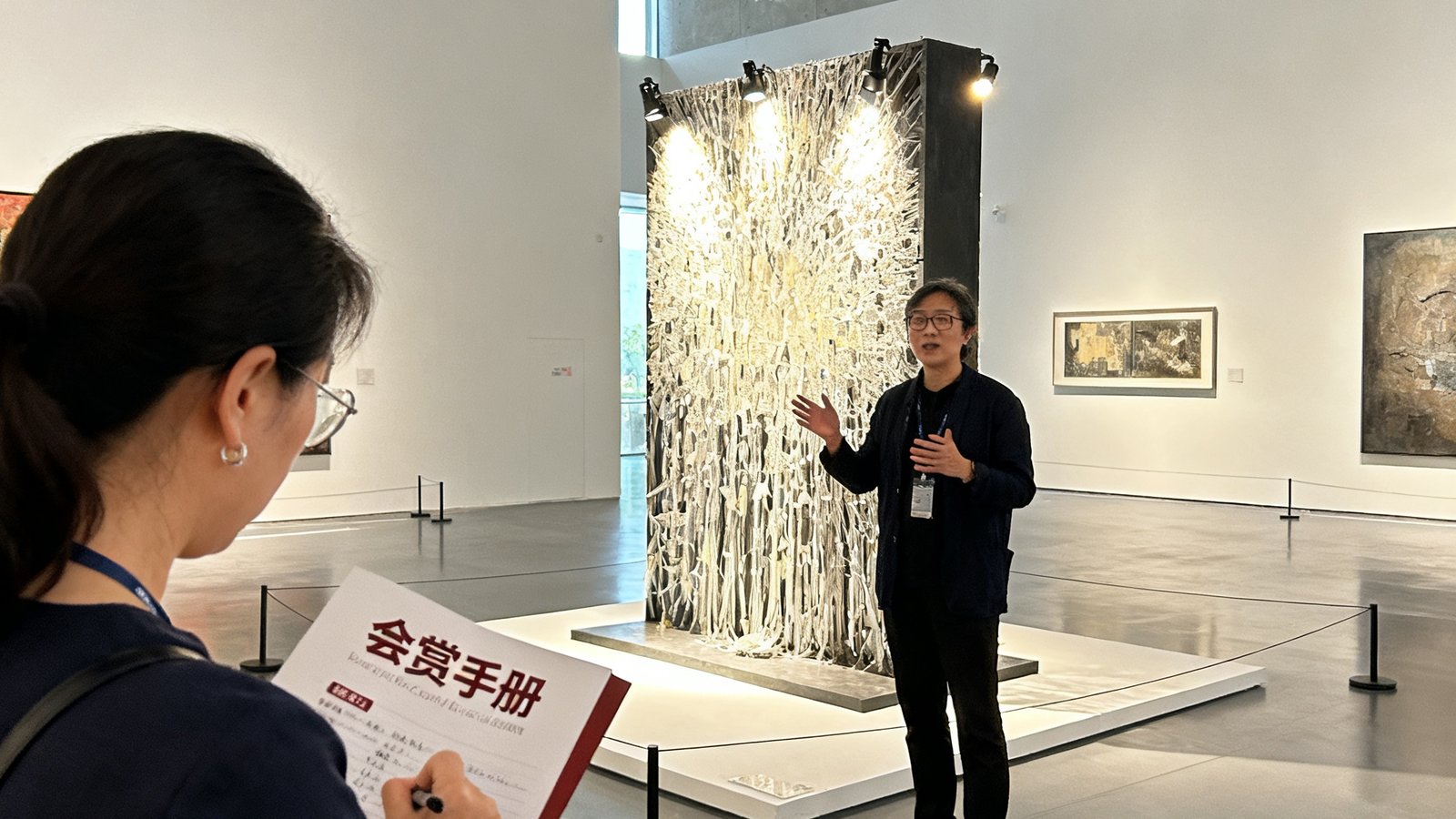 一位鉴赏会员在专业导览陪同下参观上海龙美术馆的当代艺术展，导览员正在详细解读一件大型装置作品的创作理念，会员手持会员专属的鉴赏手册认真记录。